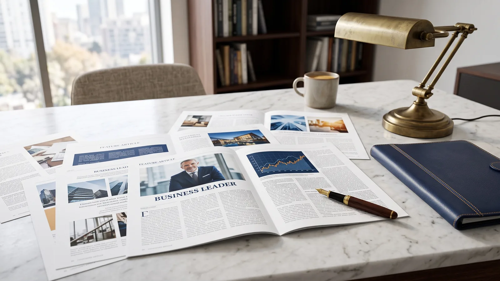 Una revista abierta sobre una mesa de mármol con lámpara de latón y una carpeta de piel