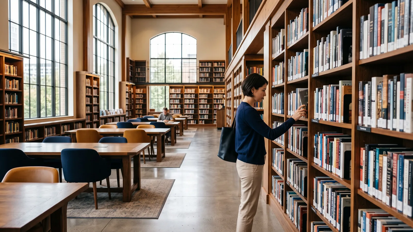Sala de lectura de una biblioteca con estanterías de madera y mesas