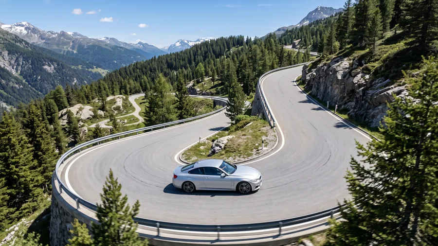 Deportivo plateado en una curva de una carretera de montaña soleada