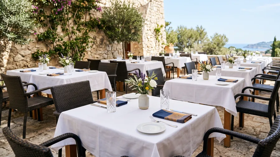 Mesas puestas en una terraza de restaurante soleada