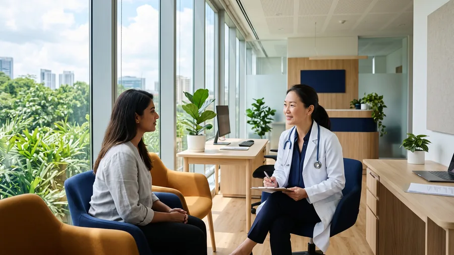 Médica conversando con una paciente en una consulta luminosa
