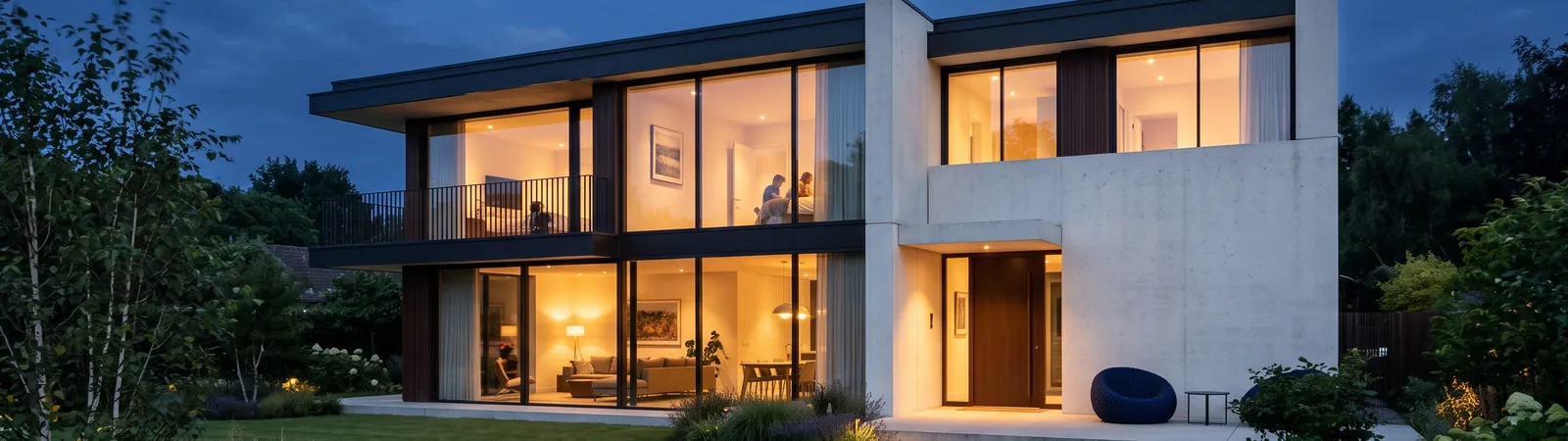 Casa moderna con ventanas iluminadas al anochecer