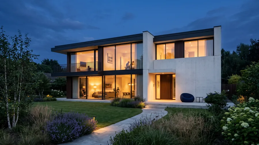 Casa moderna con ventanas iluminadas al anochecer