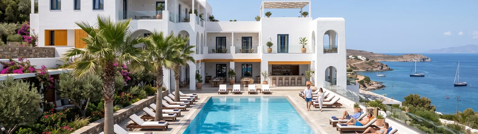 Hotel blanco con piscina y tumbonas bajo las palmeras