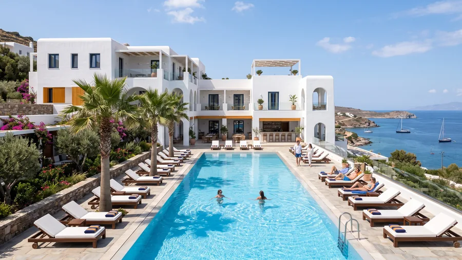 Hotel blanco con piscina y tumbonas bajo las palmeras